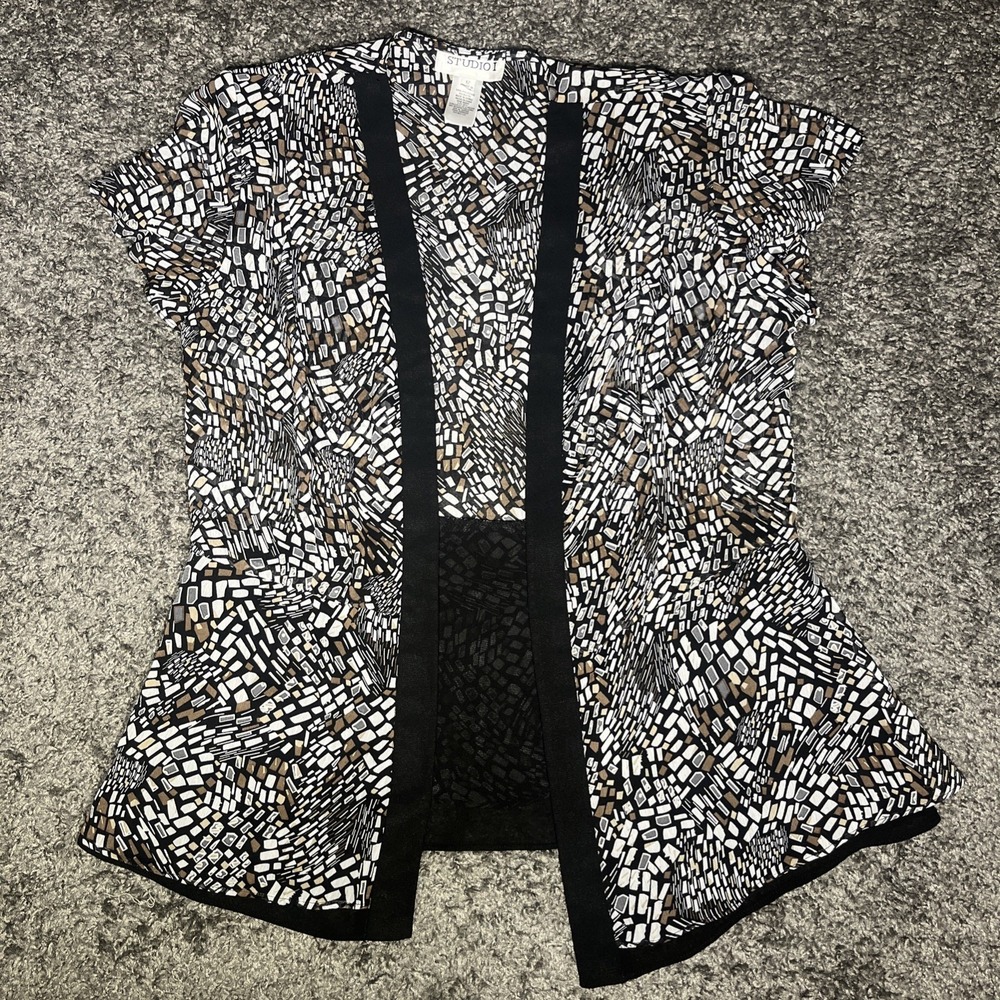 STUDIO‎ I Womens 12 Topper Shirt Brown Black Geometric Peplum Open Short Sleeve